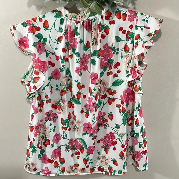 NWOT Ann Taylor Petite Floral Strawberry Mixed Media Ruffle Sleeve Tie Neck XXSP - Picture 7 of 16